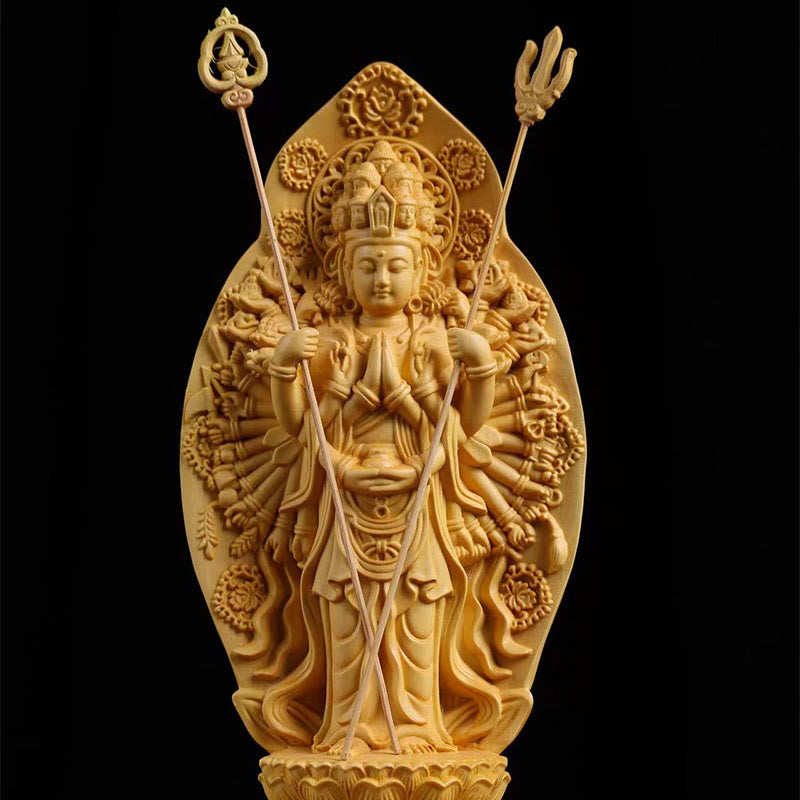 Statue de Kwan Yin en buis faite à la main, sculpture d'Avalokitesvara de 20 cm