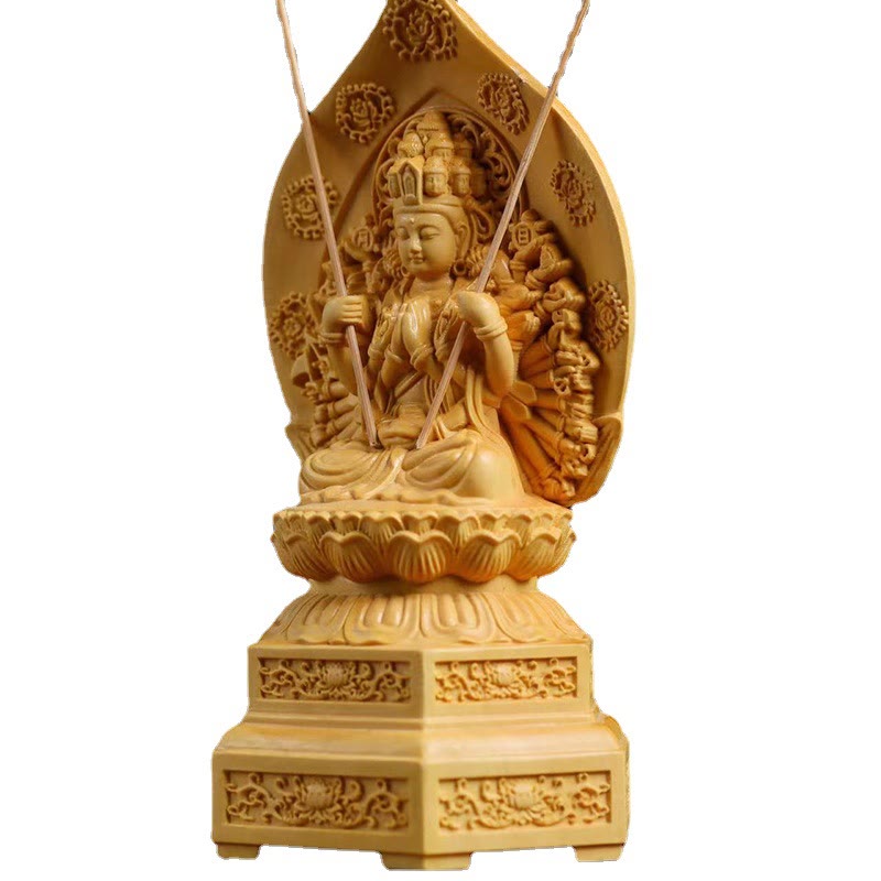 Statue de Kwan Yin en buis faite à la main, sculpture d'Avalokitesvara de 20 cm