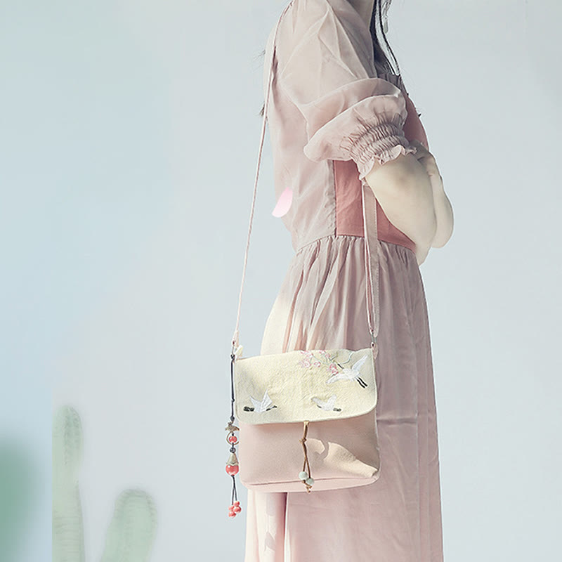 Sac bandoulière en toile fait main avec fleurs de prunier 20x23cm