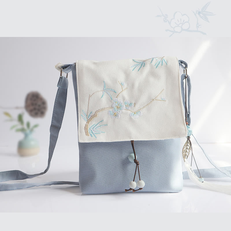 Sac bandoulière en toile fait main avec fleurs de prunier 20x23cm