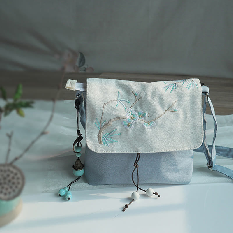 Sac bandoulière en toile fait main avec fleurs de prunier 20x23cm