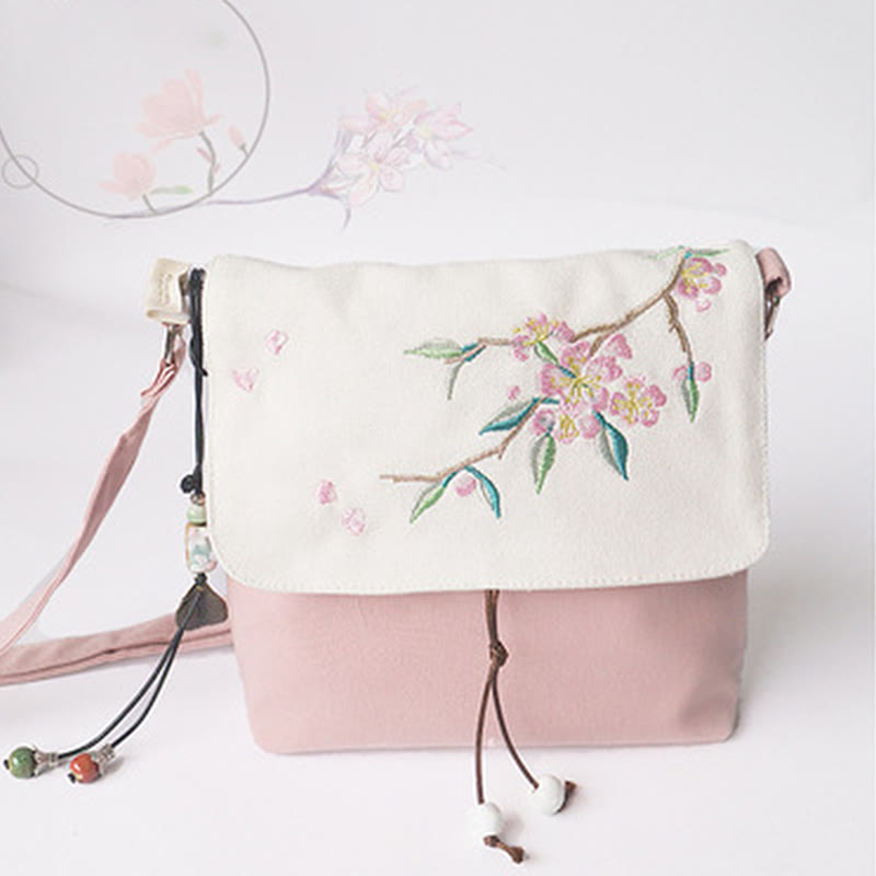 Sac bandoulière en toile fait main avec fleurs de prunier 20x23cm