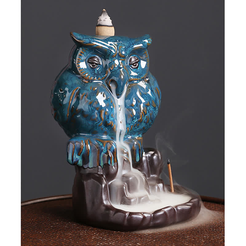 Brûle-encens à refoulement en céramique fait main en forme de hibou 9,2 cm