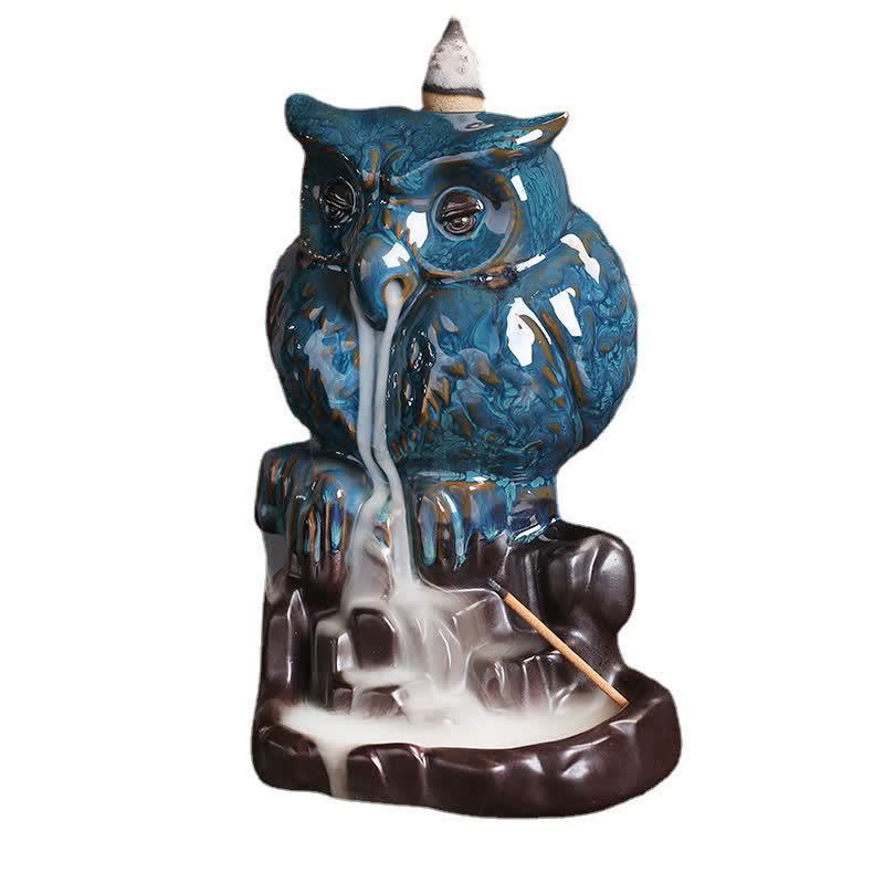 Brûle-encens à refoulement en céramique fait main en forme de hibou 9,2 cm
