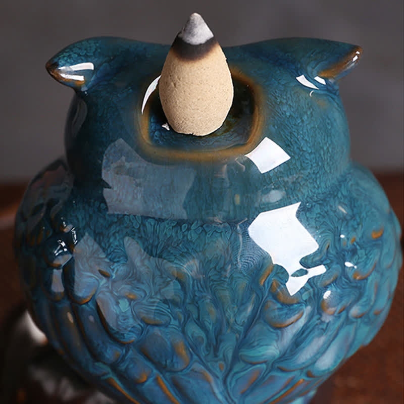 Brûle-encens à refoulement en céramique fait main en forme de hibou 9,2 cm