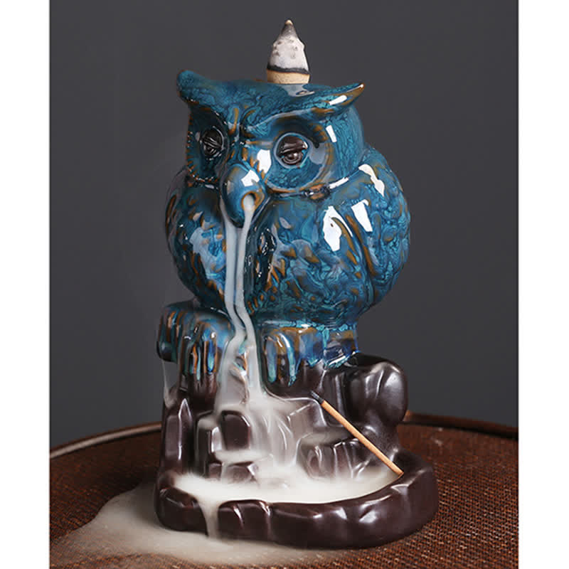 Brûle-encens à refoulement en céramique fait main en forme de hibou 9,2 cm