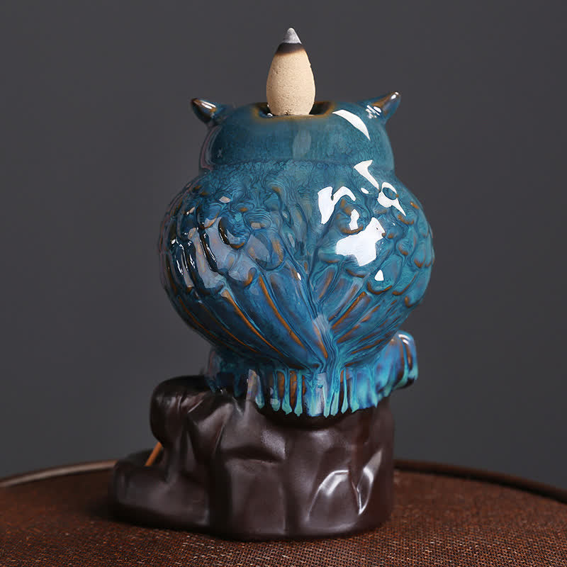 Brûle-encens à refoulement en céramique fait main en forme de hibou 9,2 cm