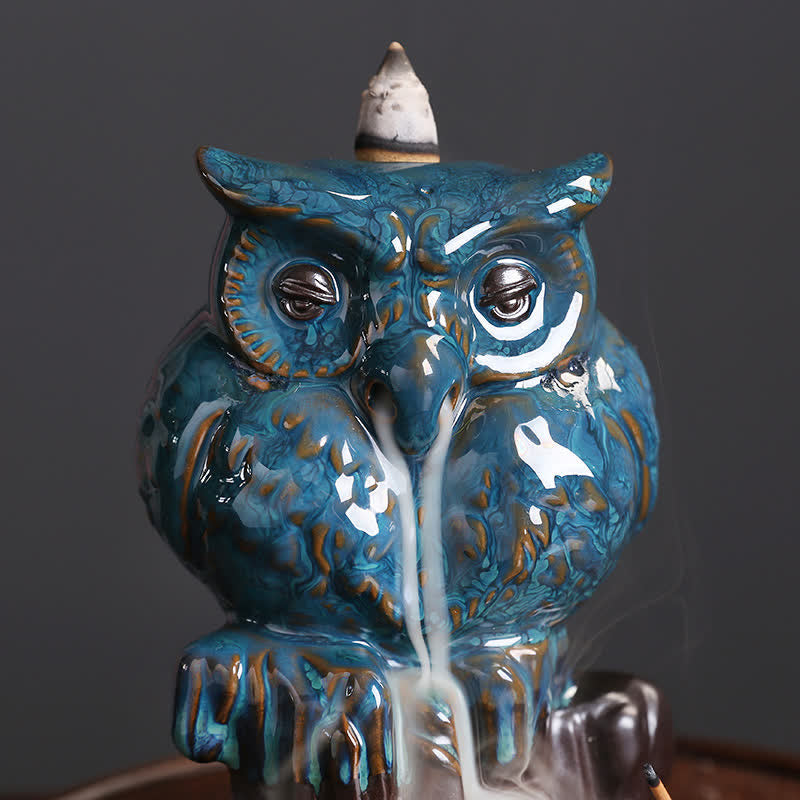Brûle-encens à refoulement en céramique fait main en forme de hibou 9,2 cm