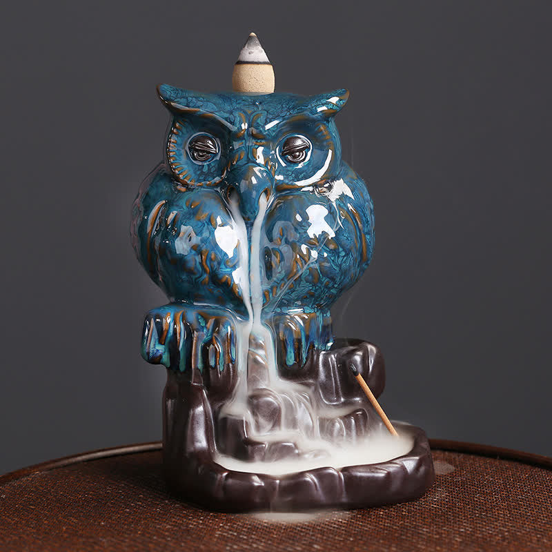 Brûle-encens à refoulement en céramique fait main en forme de hibou 9,2 cm