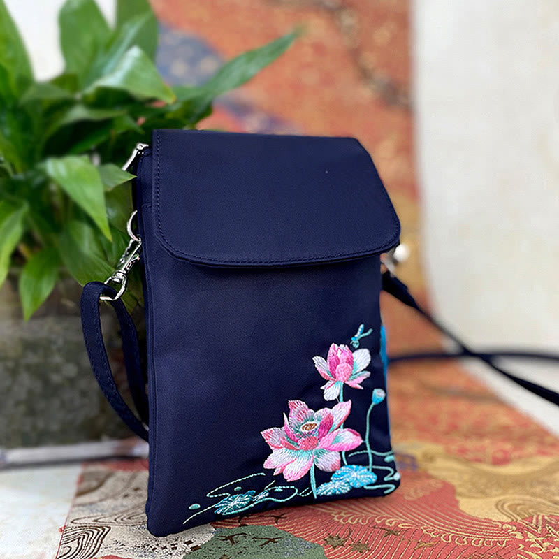Sac bandoulière imperméable brodé à la main avec fleurs de lotus
