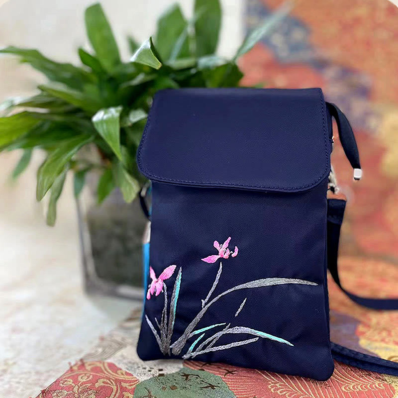 Sac bandoulière imperméable brodé à la main avec fleurs de lotus
