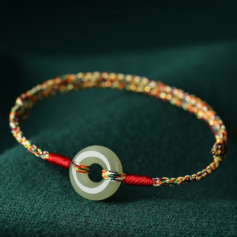 Bracelet de prospérité en jade fait main avec boucle de paix en corde 14-17 cm