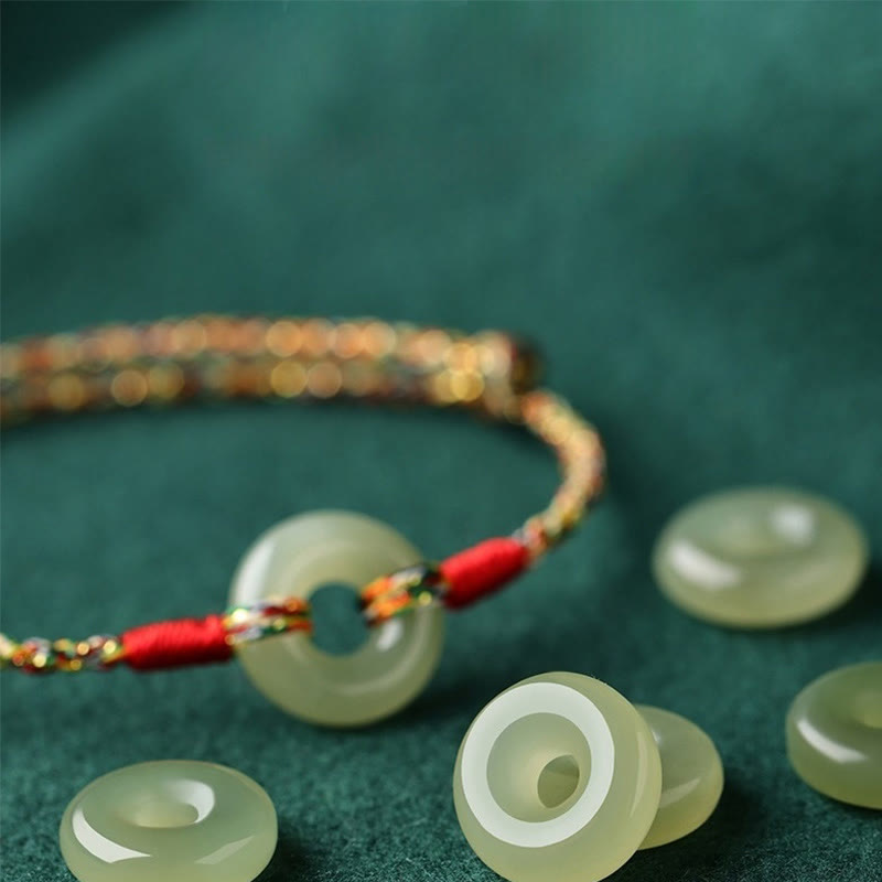 Bracelet de prospérité en jade fait main avec boucle de paix en corde 14-17 cm