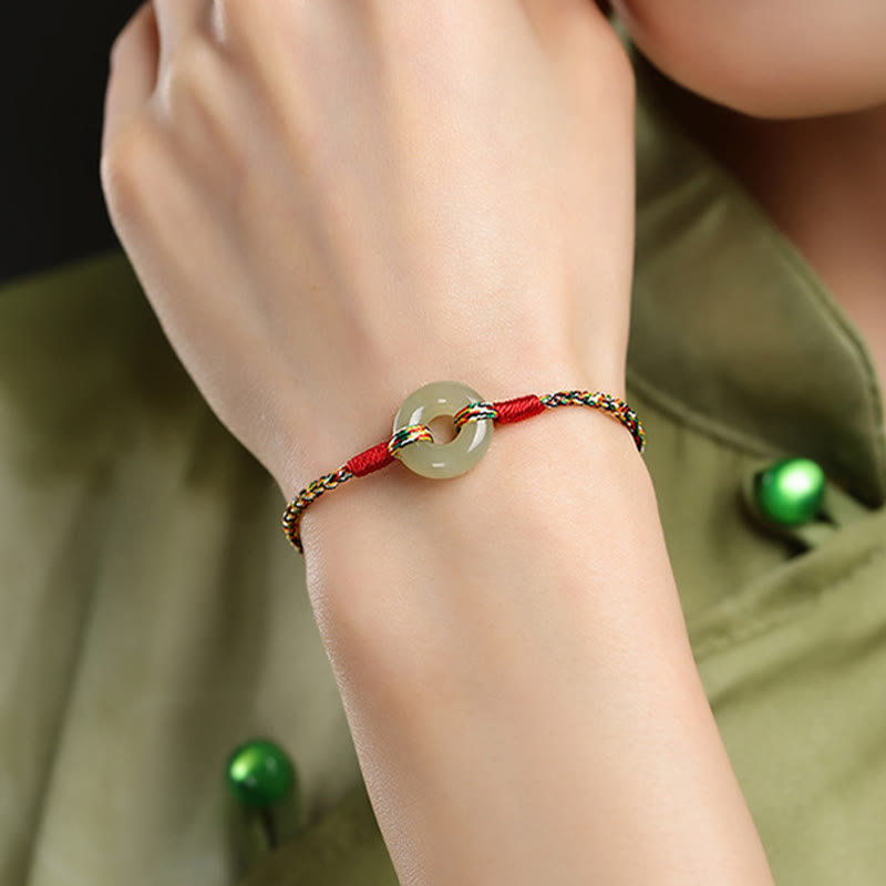 Bracelet de prospérité en jade fait main avec boucle de paix en corde 14-17 cm