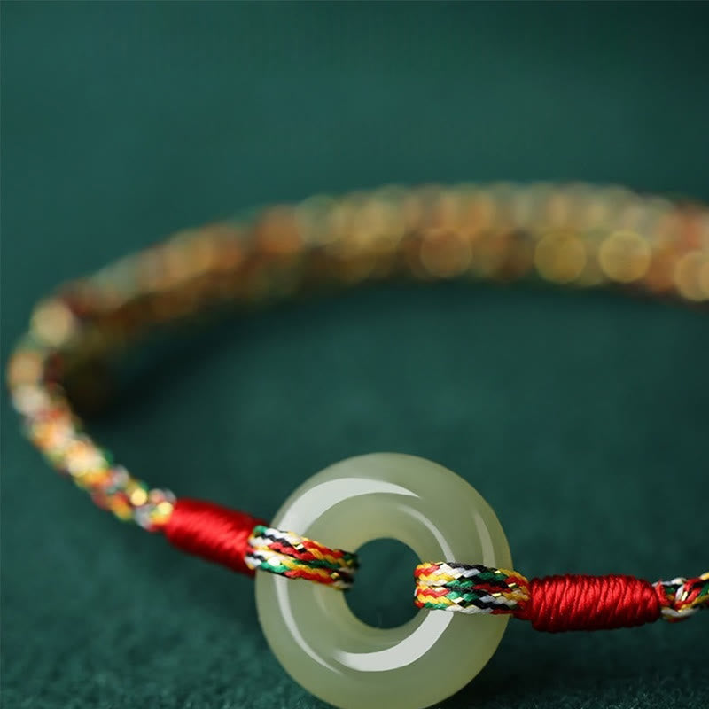 Bracelet de prospérité en jade fait main avec boucle de paix en corde 14-17 cm
