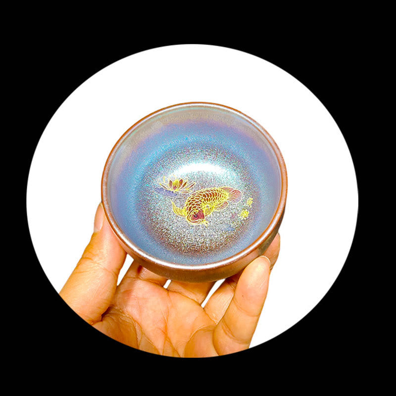 Tasse à thé en céramique Jian Zhan Koi Fish Lotus Leaf 150 ml faite à la main