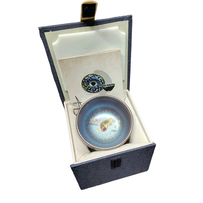 Tasse à thé en céramique Jian Zhan Koi Fish Lotus Leaf 150 ml faite à la main