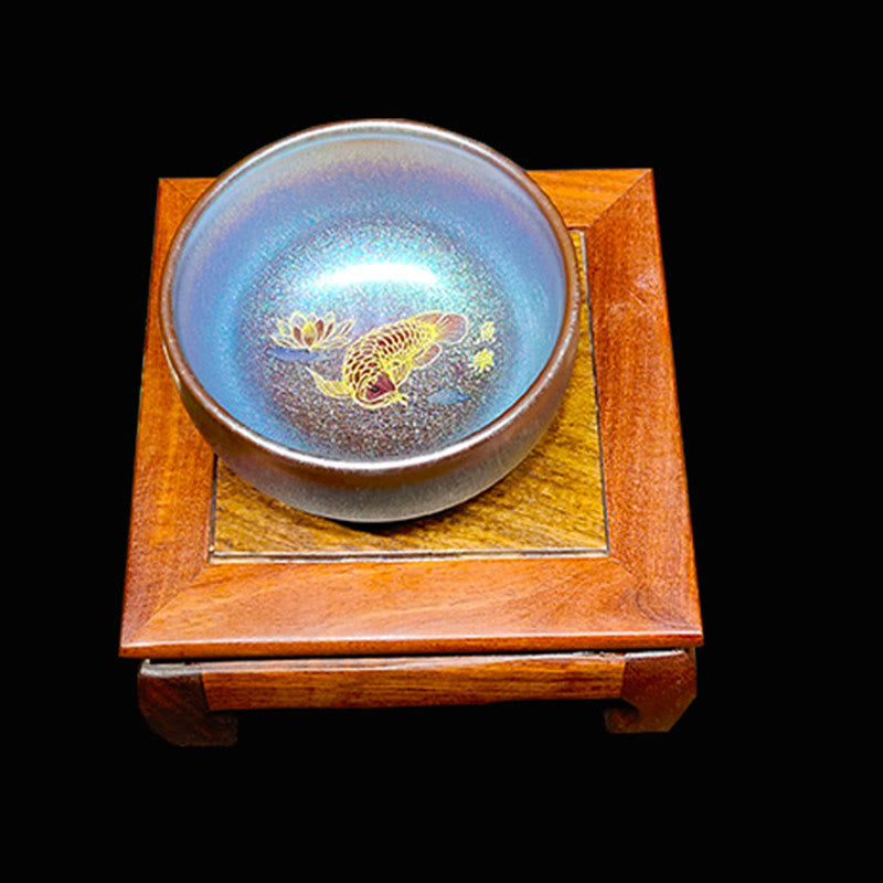 Tasse à thé en céramique Jian Zhan Koi Fish Lotus Leaf 150 ml faite à la main