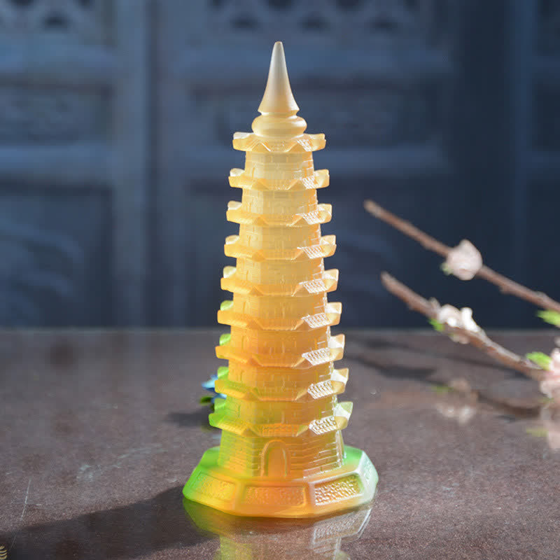 Petite tour pagode Feng Shui en cristal Liuli faite à la main