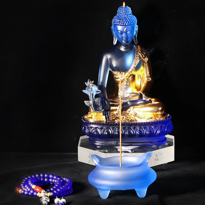 Statue de Bouddha de médecine en cristal Liuli faite à la main 13 cm