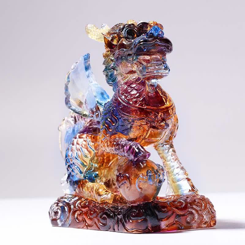 Pièce d’art en cristal Liuli Feng Shui Kirin faite à la main