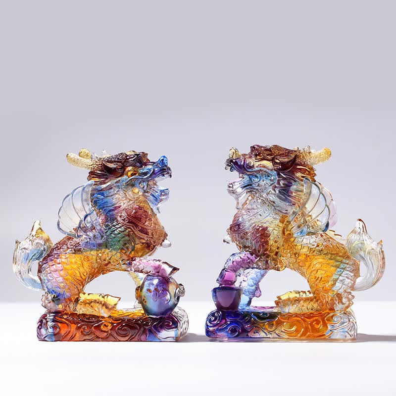 Pièce d’art en cristal Liuli Feng Shui Kirin faite à la main