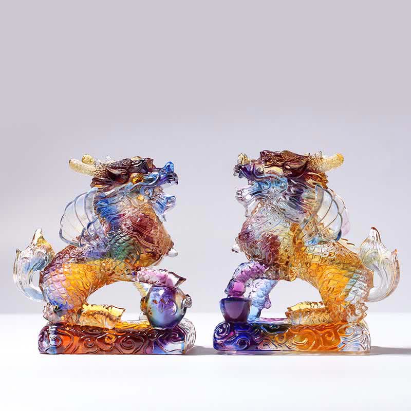 Pièce d’art en cristal Liuli Feng Shui Kirin faite à la main