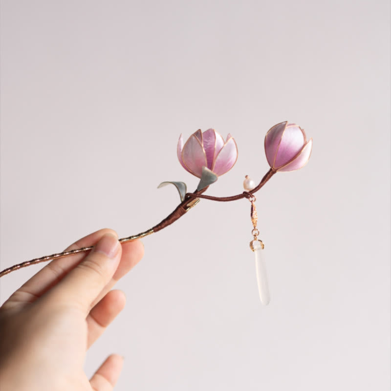 Épingle à cheveux en magnolia violet faite à la main, fleur en soie de Yangzhou