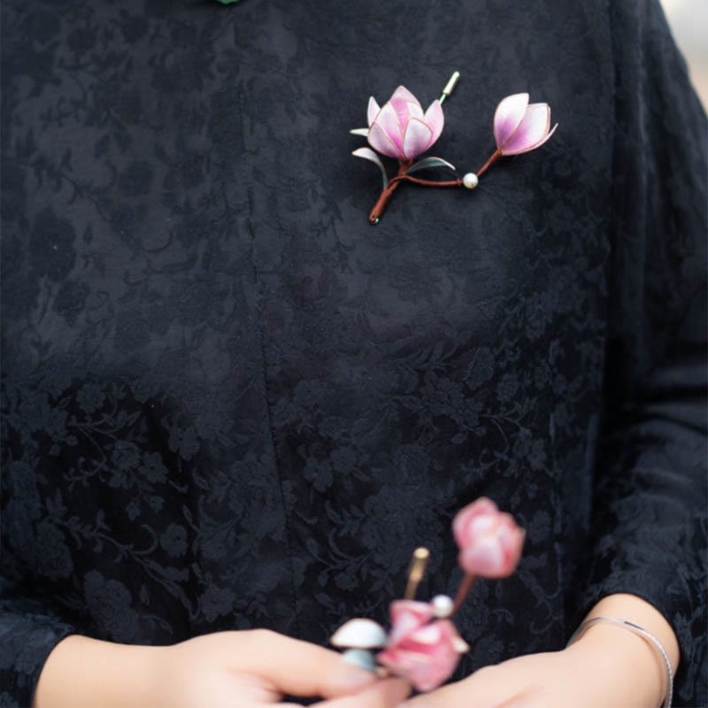 Épingle à cheveux en magnolia violet faite à la main, fleur en soie de Yangzhou