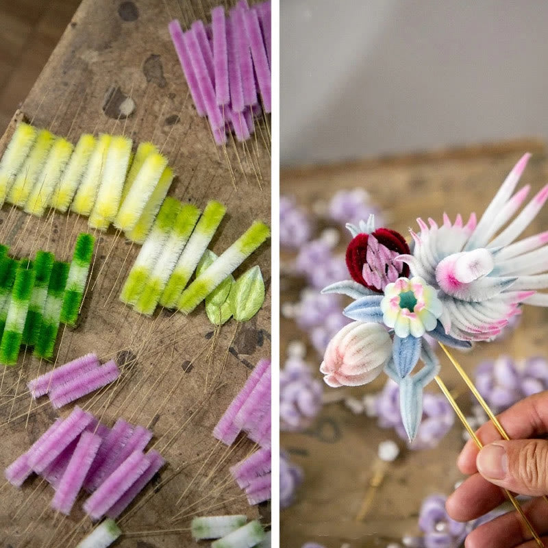 Broche en velours et soie de mûrier de Yangzhou faite à la main, en forme de fleur de pêcher