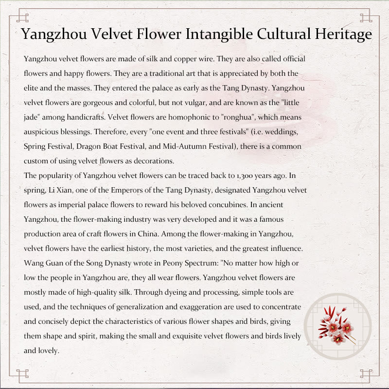 Broche en velours et soie de mûrier de Yangzhou faite à la main, en forme de fleur de pêcher