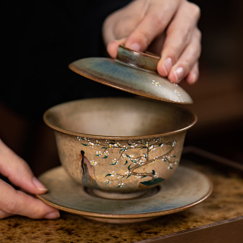 Tasse à thé Gaiwan en porcelaine Hanfu Girl 150 ml peinte à la main