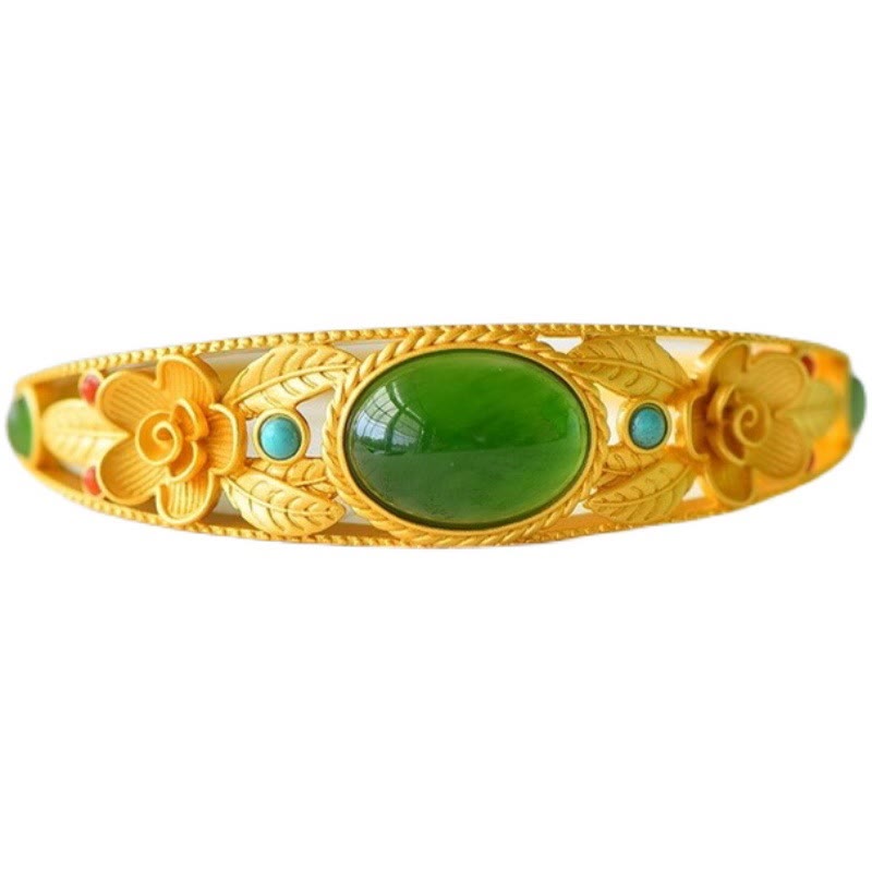 Bracelet en jade Harmony Luck avec motif de feuilles et de fleurs