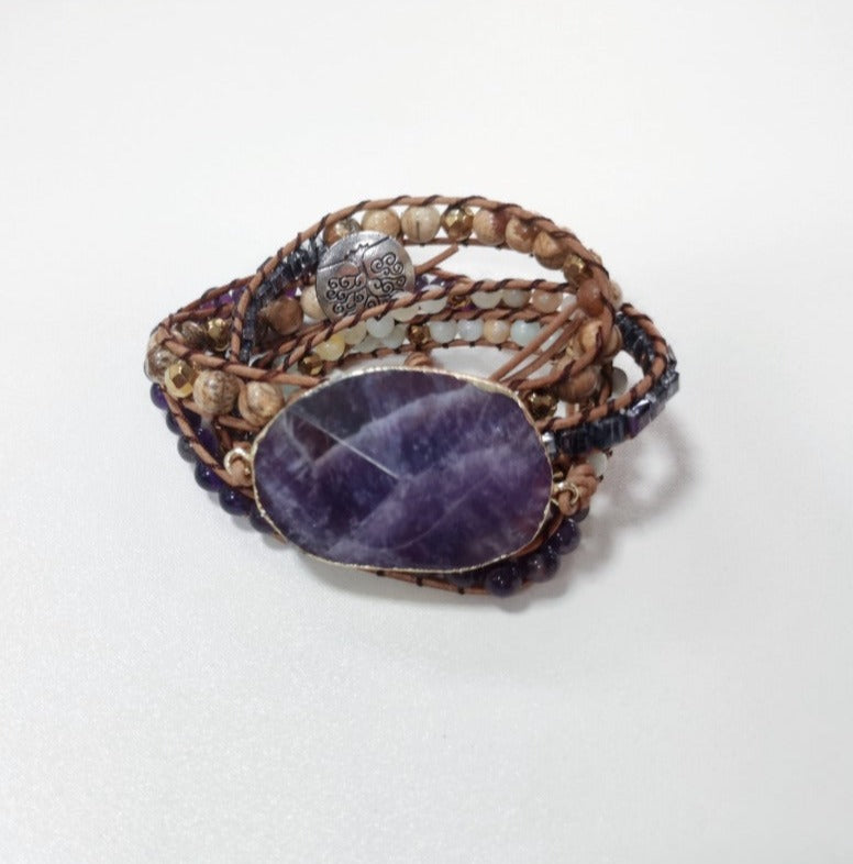 Bracelet enroulé de pierres précieuses curatives : améthyste et aventurine