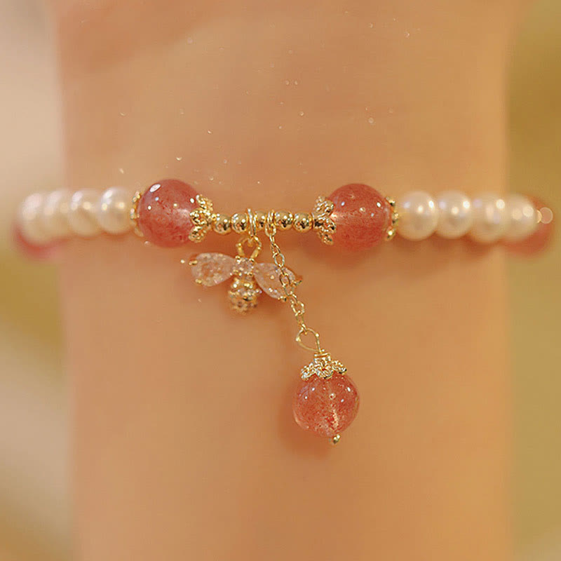 Bracelet de guérison en quartz fraise avec breloque abeille