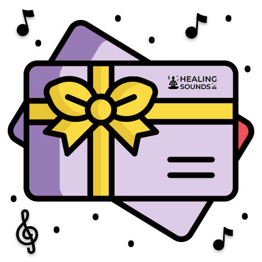 Healing Sounds Gift Card with a yellow bow and musical notes around it