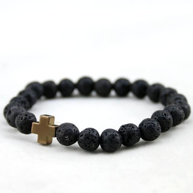 Bracelet croix en hématite et pierre de lave avec turquoise