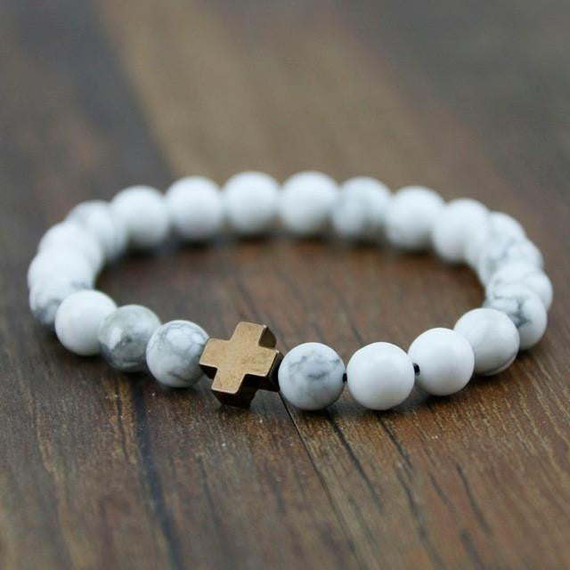 Bracelet croix en hématite et pierre de lave avec turquoise