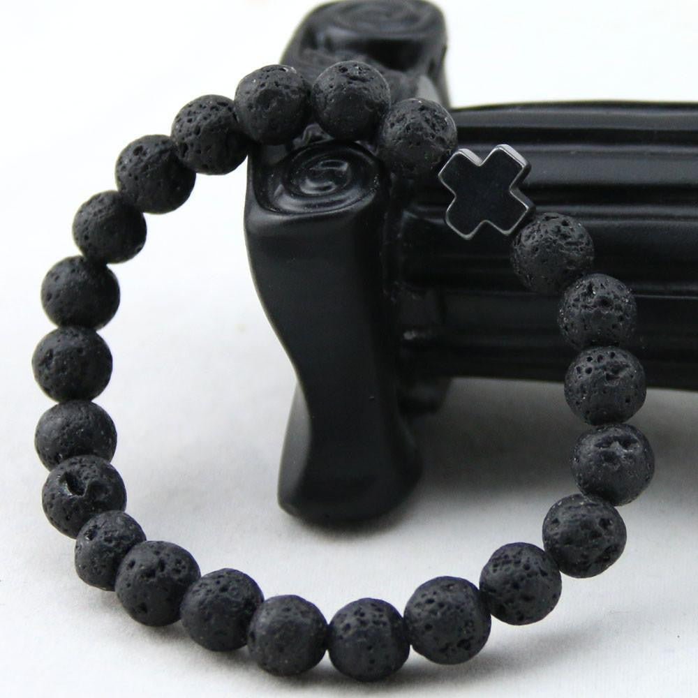 Bracelet croix en hématite et pierre de lave avec turquoise