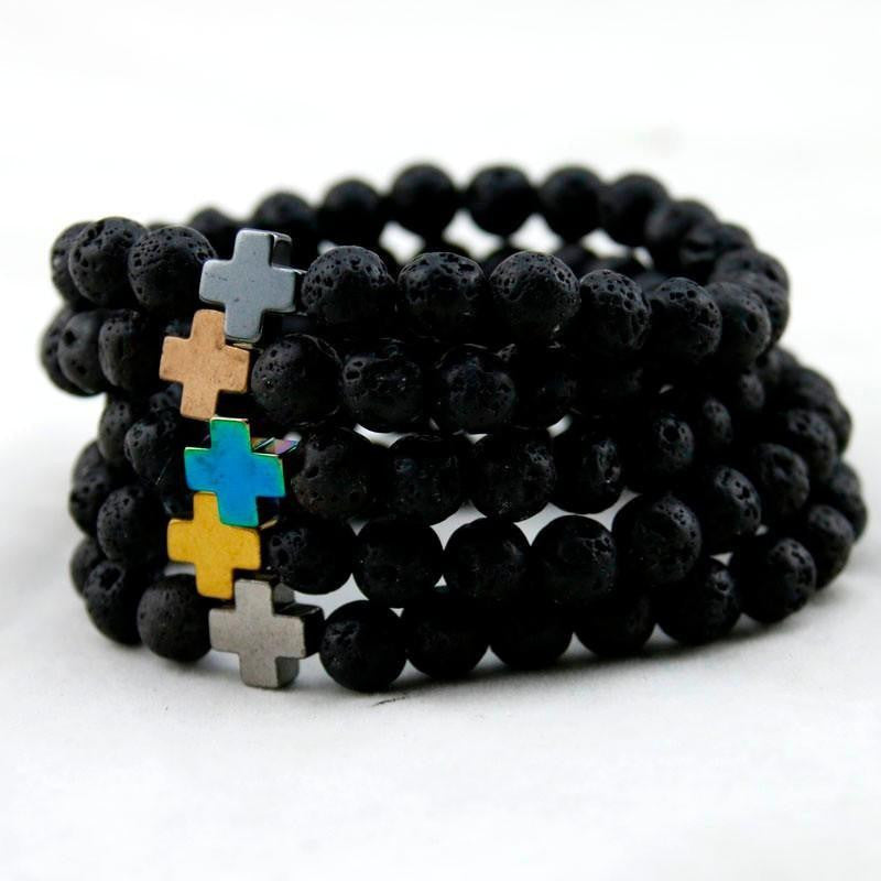 Bracelet croix en hématite et pierre de lave avec turquoise