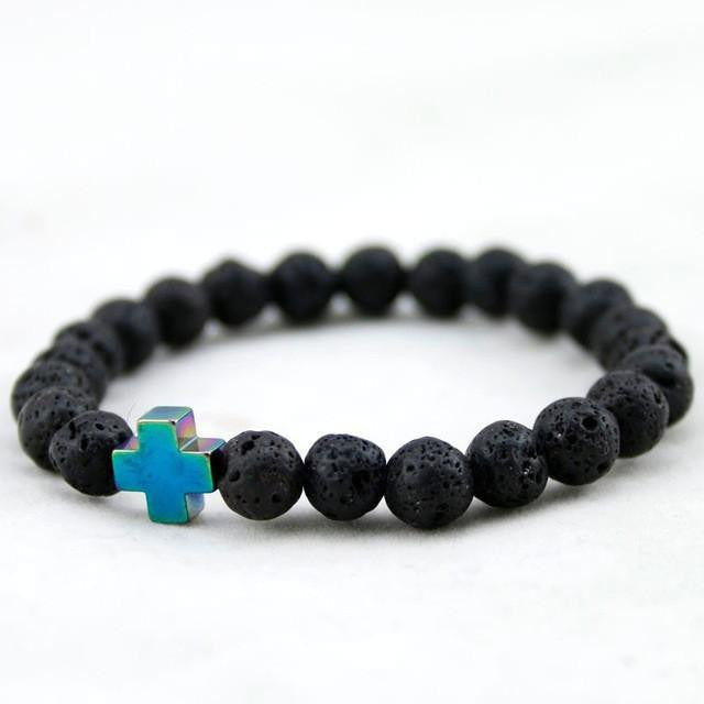 Bracelet croix en hématite et pierre de lave avec turquoise