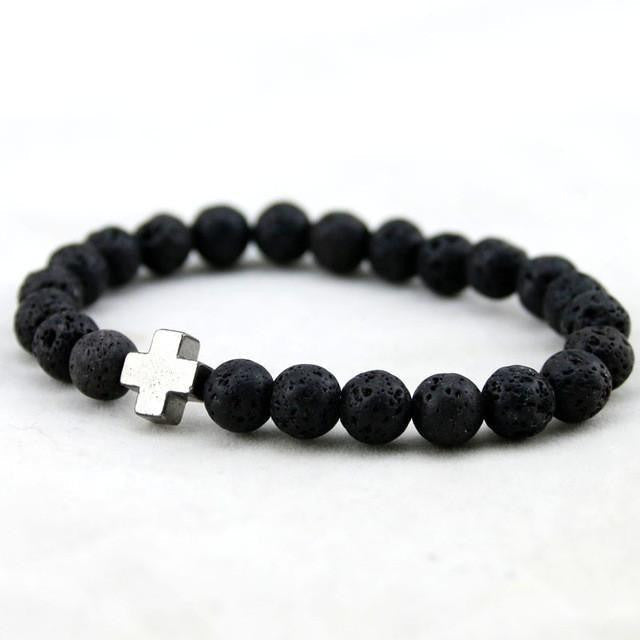 Bracelet croix en hématite et pierre de lave avec turquoise