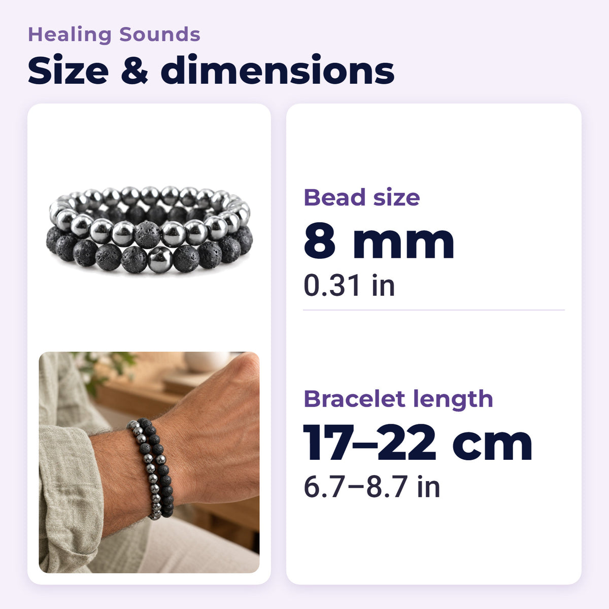 Hematite and Lava Stone Balance Bracelets, size and dimensions in millimetres and inches
