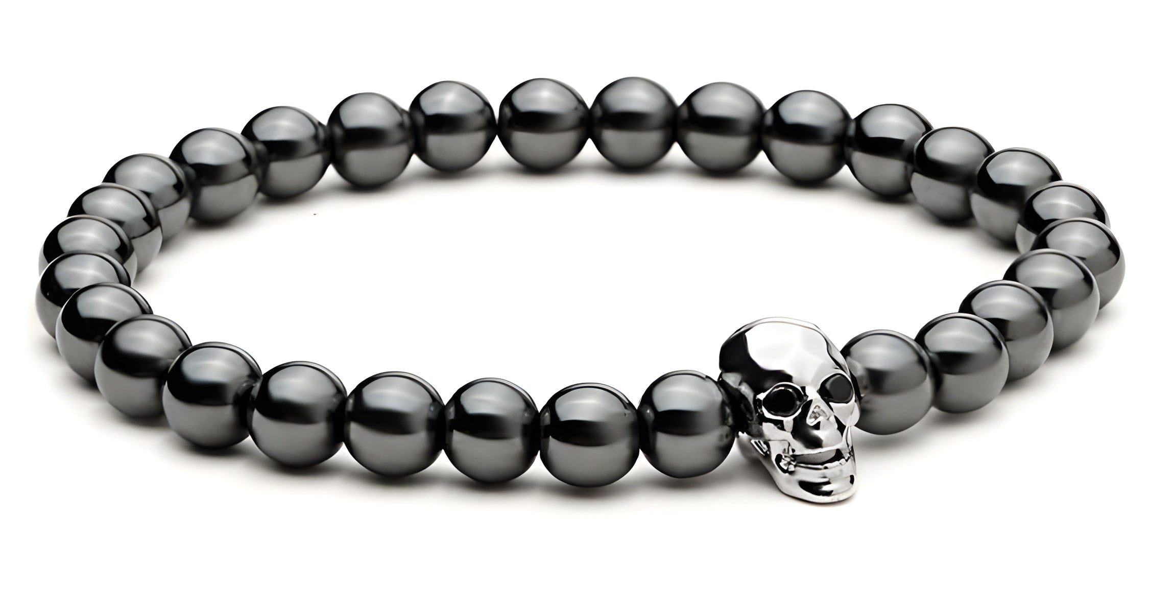 Bracelet tête de mort en hématite avec yeux en zircone noire