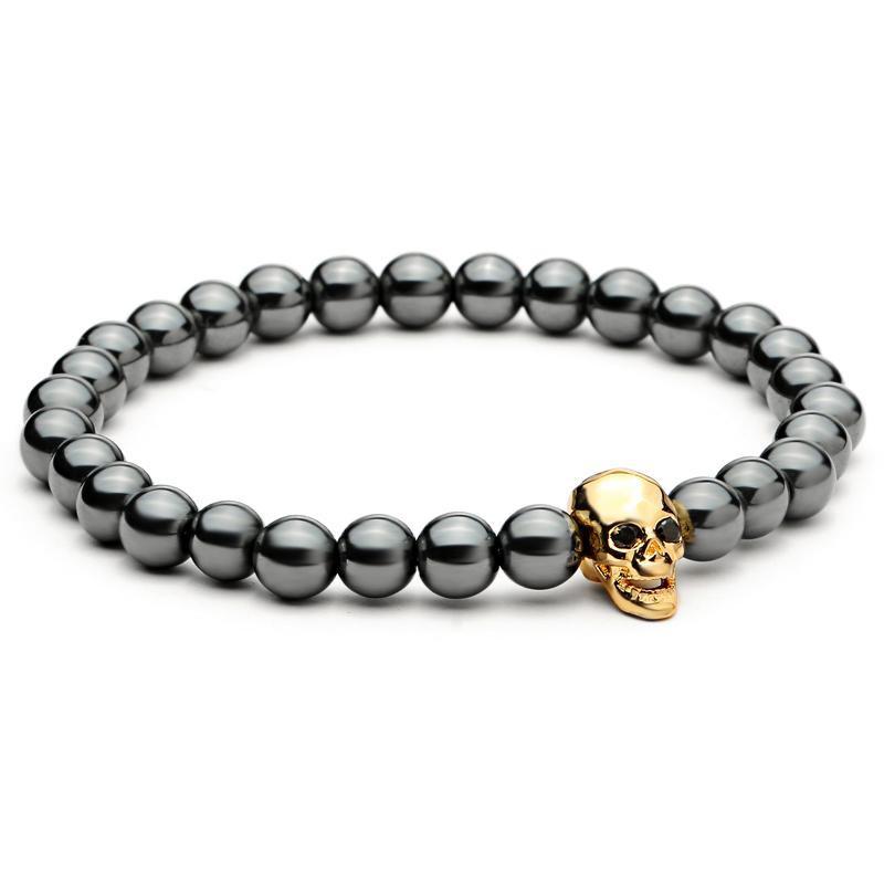 Bracelet tête de mort en hématite avec yeux en zircone noire