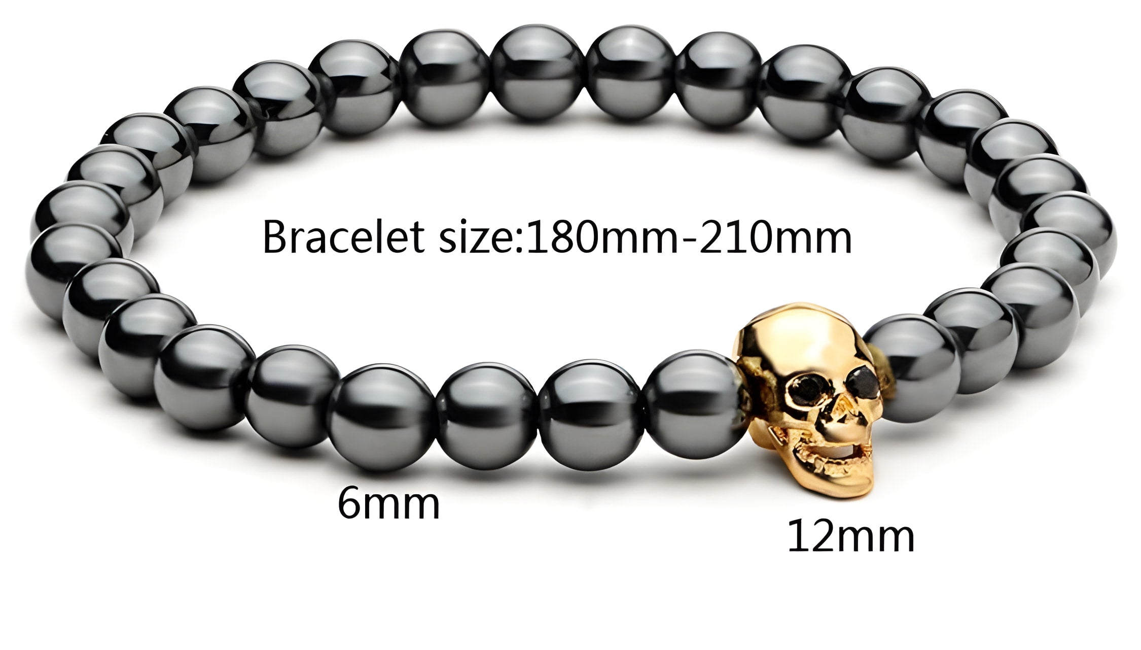 Bracelet tête de mort en hématite avec yeux en zircone noire