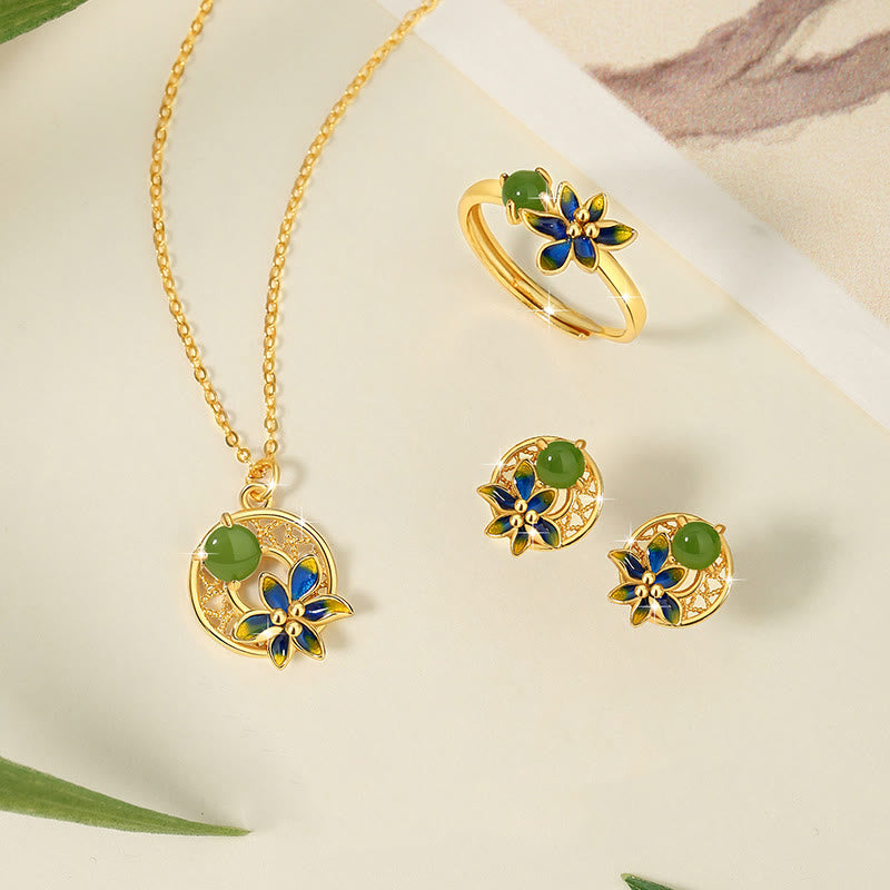 Parure de bijoux 3 pièces en jade cyan Hetian | Collier, bague et boucles d'oreilles
