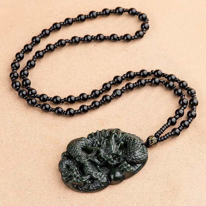 Collier dragon en jade cyan Hetian pour le succès et l'harmonie