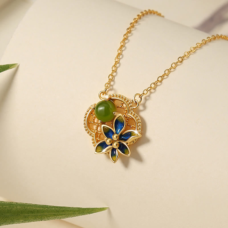 Parure de bijoux en jade cyan Hetian, motif trèfle à quatre feuilles | Sons de guérison