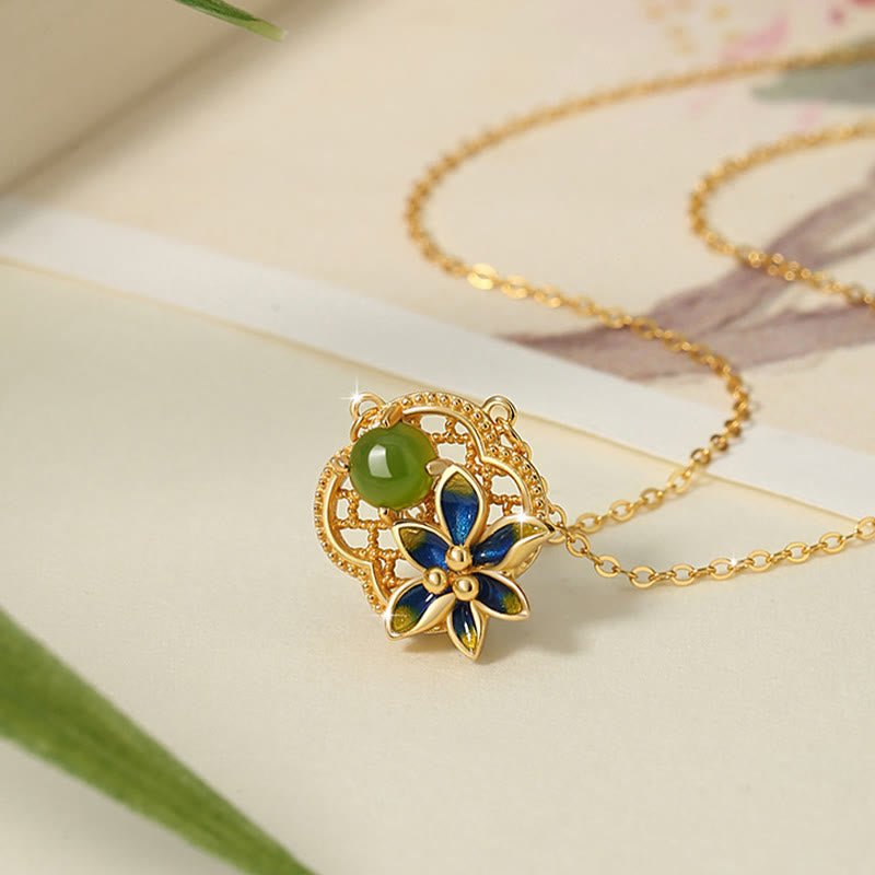 Parure de bijoux en jade cyan Hetian, motif trèfle à quatre feuilles | Sons de guérison